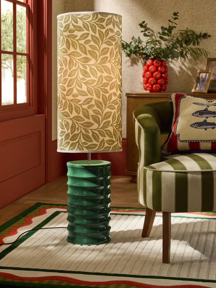 Lia Gold x Next Green/Ecru Leaf Print Ribbed Ceramic Base Floor Lamp - Image 1 of 6 Lia Gold x Next Green/Ecru Leaf Print Ribbed Ceramic Base Floor Lamp - Image 1 of 6