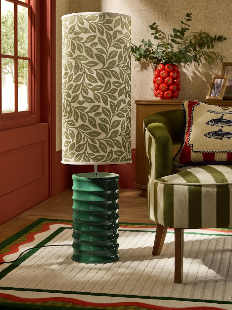 Lia Gold x Next Green/Ecru Leaf Print Ribbed Ceramic Base Floor Lamp - Image 2 of 6 Lia Gold x Next Green/Ecru Leaf Print Ribbed Ceramic Base Floor Lamp - Image 2 of 6
