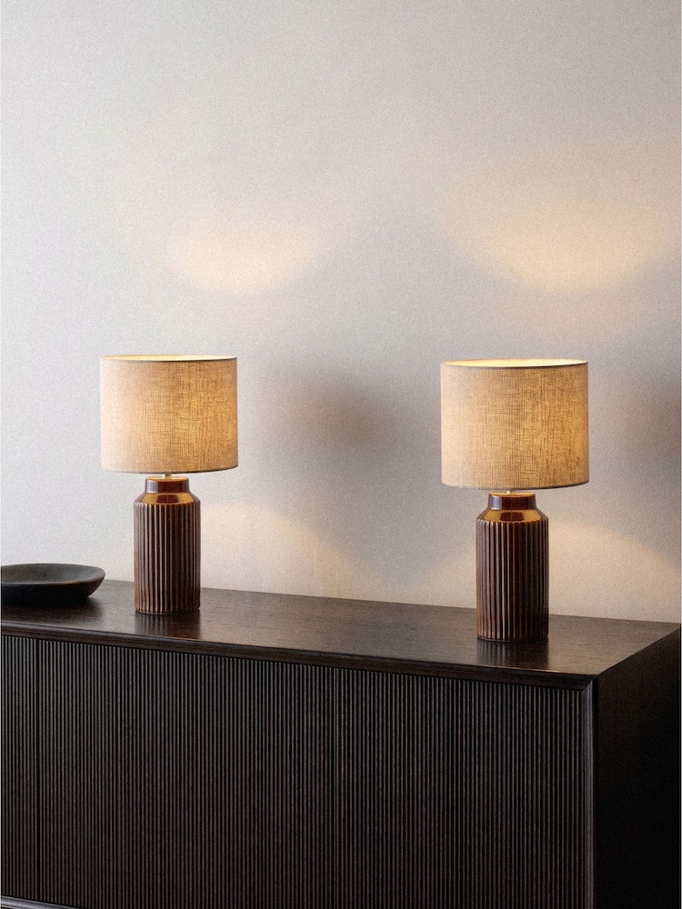 The Set Set of 2 Brown/Cream Ribbed Ceramic Table Lamps - Image 1 of 5 The Set Set of 2 Brown/Cream Ribbed Ceramic Table Lamps - Image 1 of 5