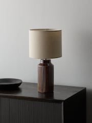 The Set Set of 2 Brown/Cream Ribbed Ceramic Table Lamps - Image 3 of 5