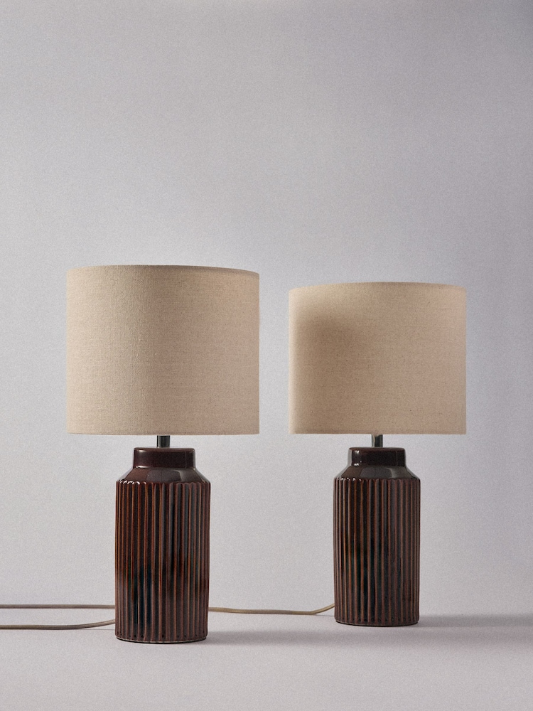 The Set Set of 2 Brown/Cream Ribbed Ceramic Table Lamps - Image 5 of 5 The Set Set of 2 Brown/Cream Ribbed Ceramic Table Lamps - Image 5 of 5