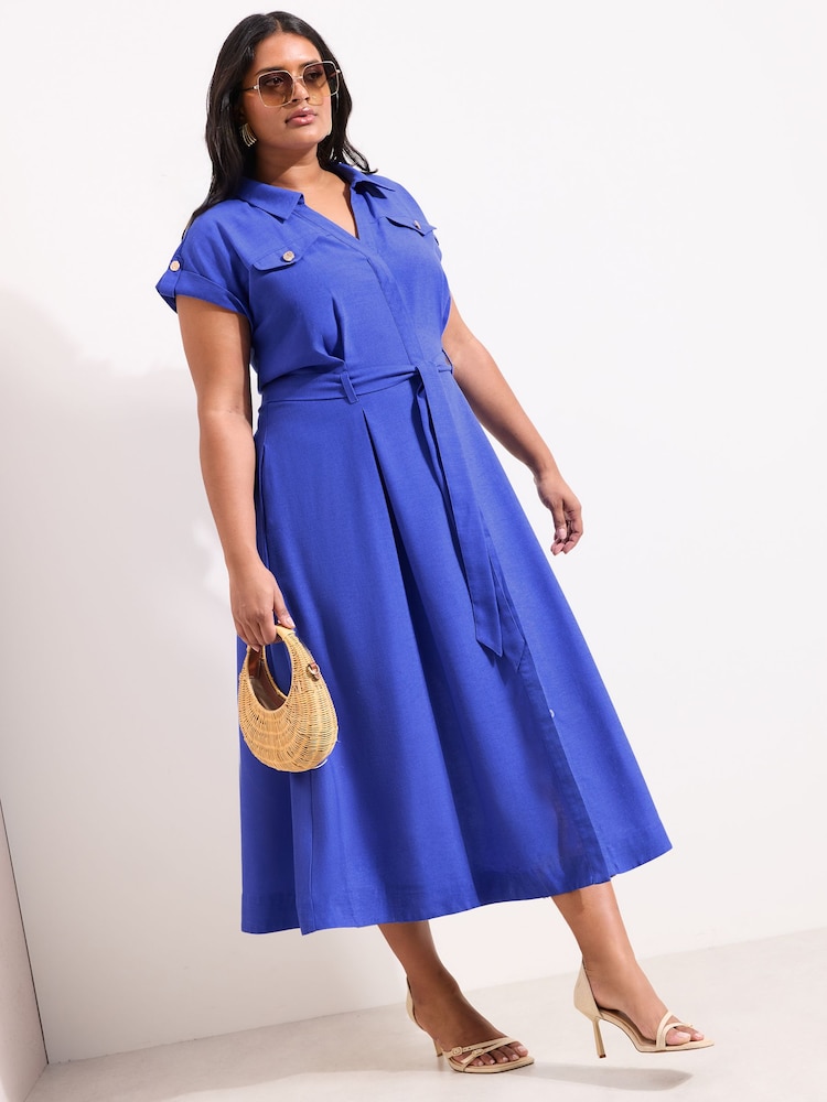 Curve Cobalt Blue - Lipsy Linen Look Button Through Short Sleeve Midi Shirt Dress - Imagen 1 de 4