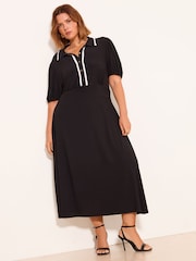 Lipsy Black Curve Monochrome Tipped Short Puff Sleeve Midi Shirt Dress - Image 1 of 4