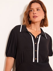 Lipsy Black Curve Monochrome Tipped Short Puff Sleeve Midi Shirt Dress - Image 2 of 4