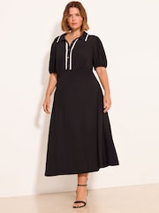 Lipsy Black Curve Monochrome Tipped Short Puff Sleeve Midi Shirt Dress - Image 3 of 4