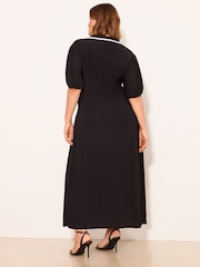 Lipsy Black Curve Monochrome Tipped Short Puff Sleeve Midi Shirt Dress - Image 4 of 4