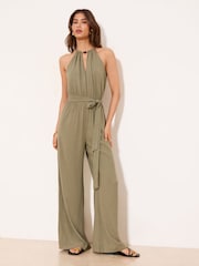 Lipsy Green Petite Khaki Halter Neck Jumpsuit - Image 1 of 4