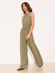 Lipsy Green Petite Khaki Halter Neck Jumpsuit - Image 3 of 4