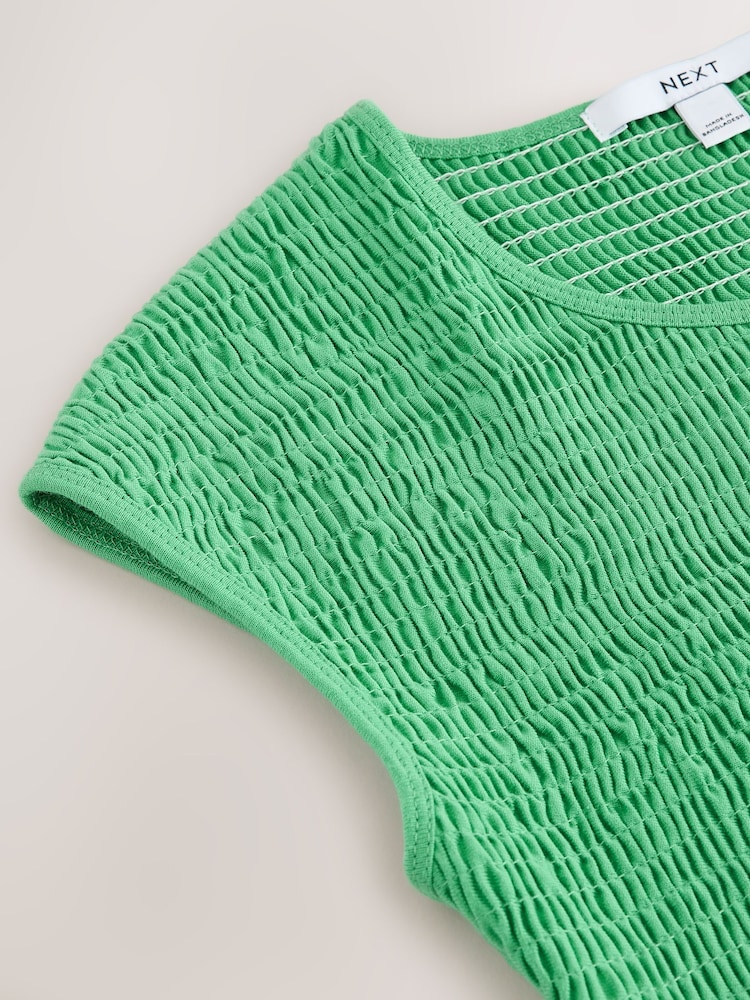 Зеленый - Трикотажное платье мини с короткими рукавами и сборками - Изображение 6 6