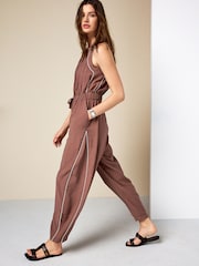 Chocolate Brown Square Neck Barrel Leg Jumpsuit - Image 2 of 4