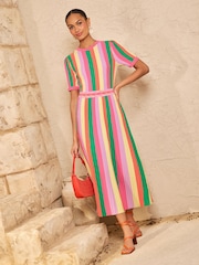 Love & Roses Multicoloured Striped Short Sleeve Knitted Midi Dress - Image 1 of 4