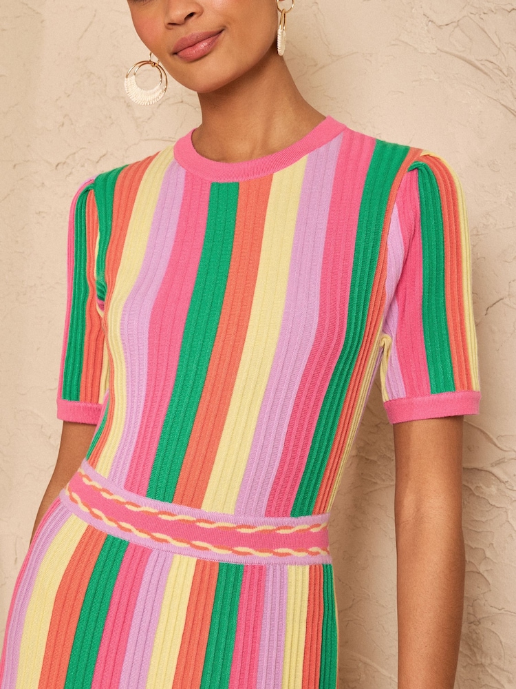 Love & Roses Multicoloured Striped Short Sleeve Knitted Midi Dress - Image 2 of 4 Love & Roses Multicoloured Striped Short Sleeve Knitted Midi Dress - Image 2 of 4