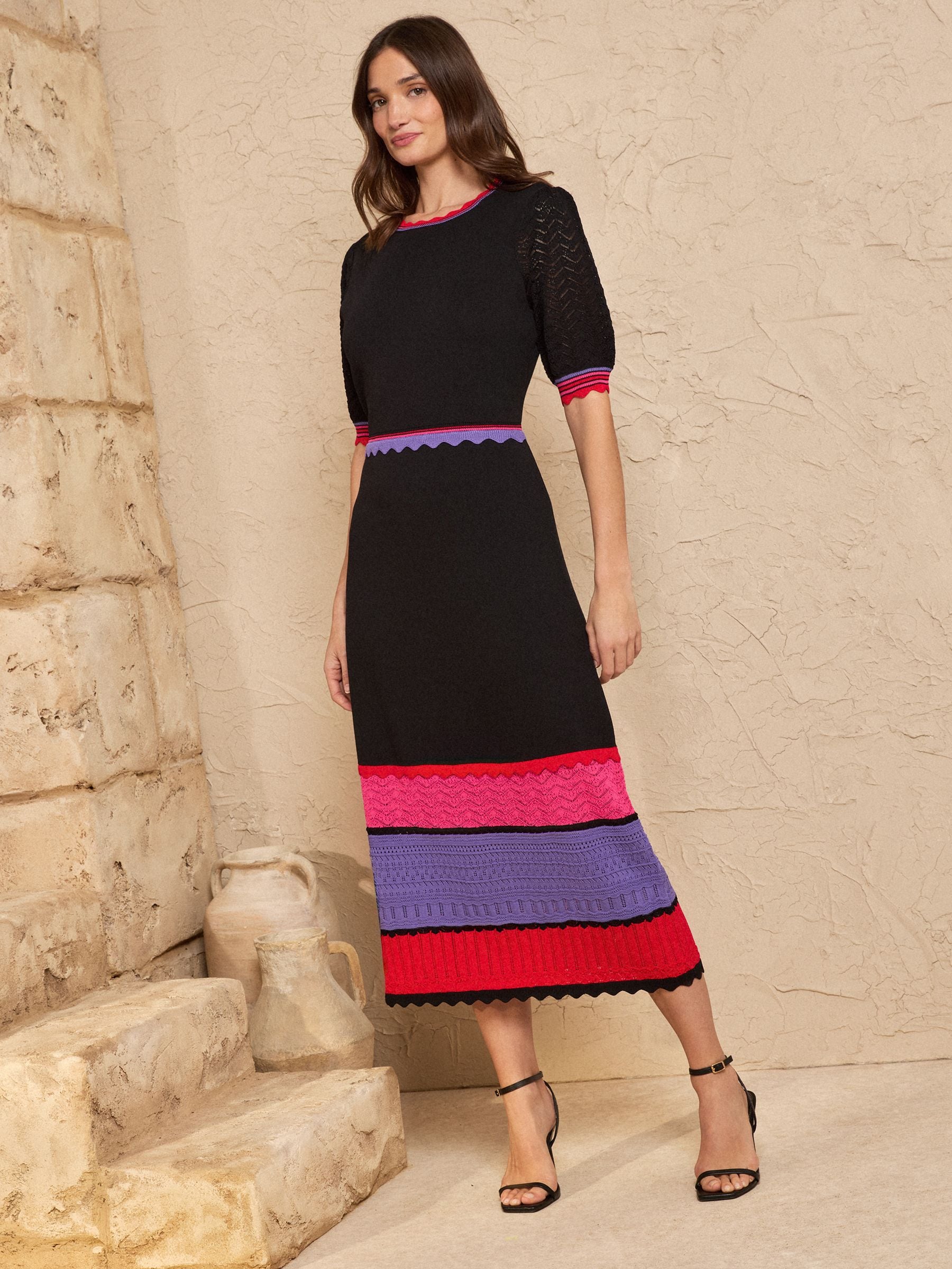 Buy Love & Roses Black Scallop Detail Striped Knitted Midi Dress