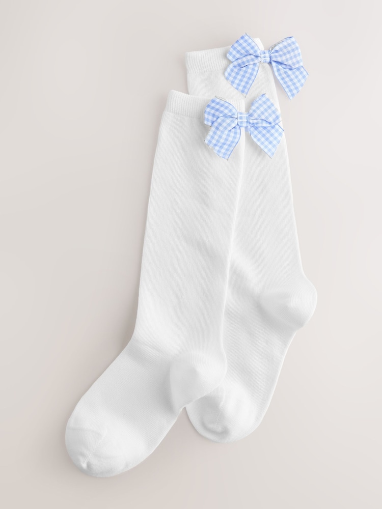 White with Blue Gingham Bow 2 Pack Cotton Rich Bow Knee High Socks - Image 1 of 3