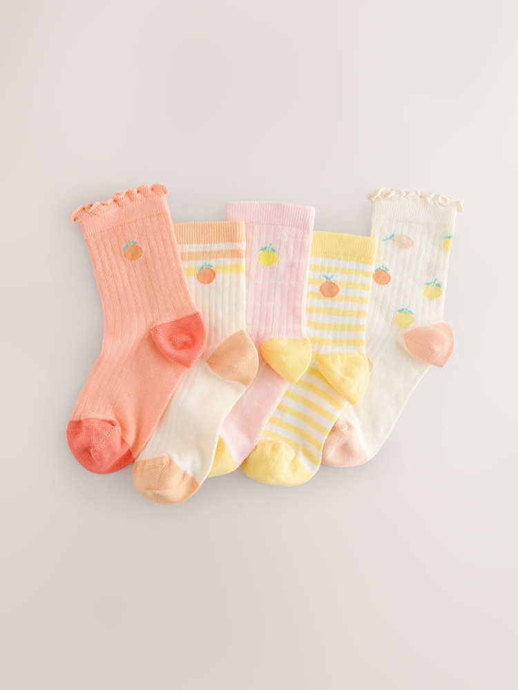 Peach Pink and Yellow Cotton Rich Ruffle Ankle Socks 5 Pack - Image 1 of 3