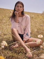 Love & Roses Pink Floral Embroidered Detail Scalloped Boat Neck Knitted Jumper - Image 5 of 5