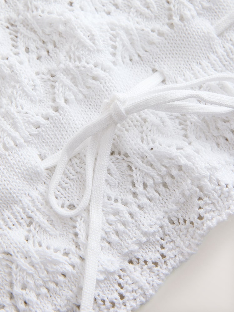 ホワイト - Pointelle Knit Tie Waist 100% Cotton Top - 画像 2 / 3