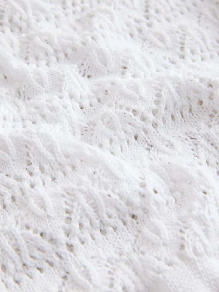 ホワイト - Pointelle Knit Tie Waist 100% Cotton Top - 画像 3 / 3