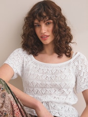 White Pointelle Knit Tie Waist 100% Cotton Top - Image 4 of 7