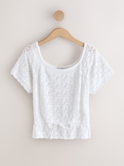 White Pointelle Knit Tie Waist 100% Cotton Top - Image 5 of 7