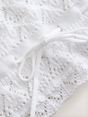 White Pointelle Knit Tie Waist 100% Cotton Top - Image 6 of 7