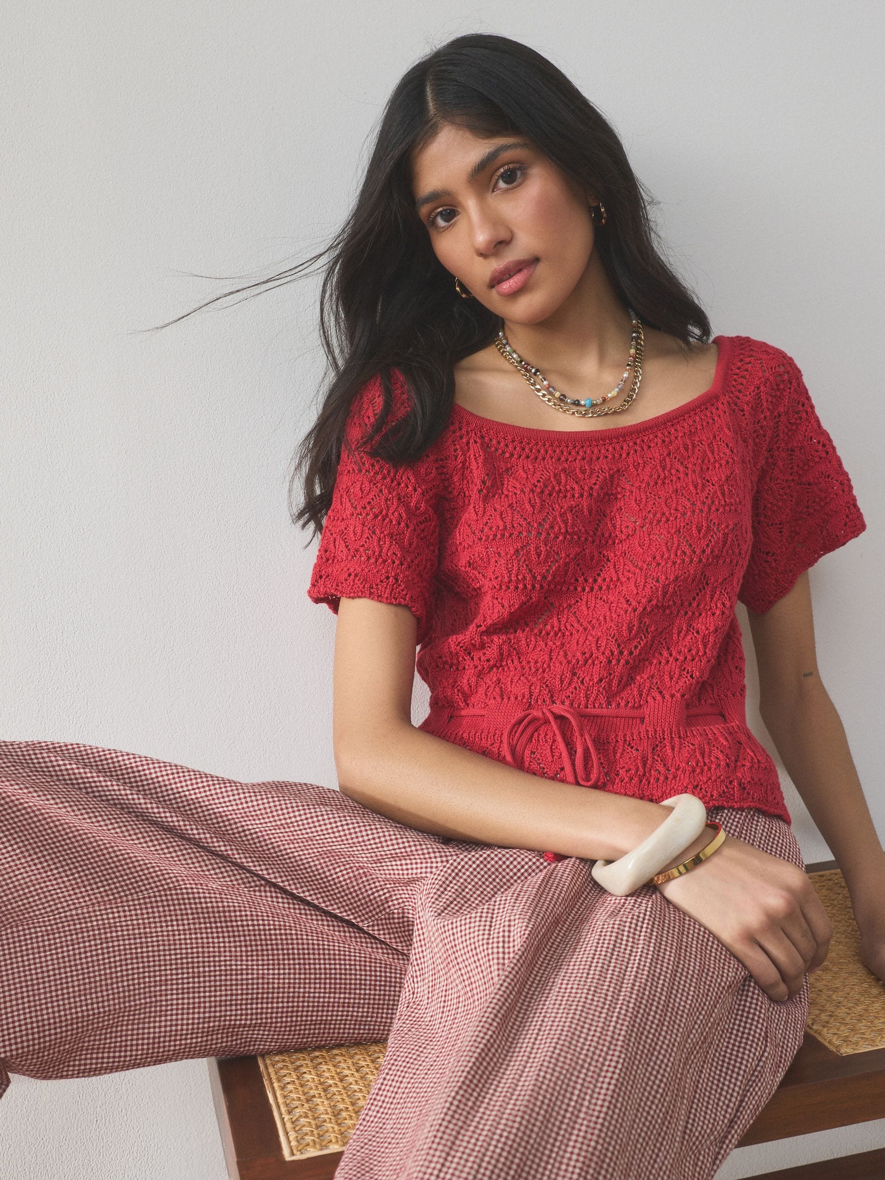Buy Red Pointelle Knit Tie Waist 100% Cotton Top from Next USA