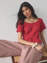 Red Pointelle Knit Tie Waist 100% Cotton Top - Image 1 of 5