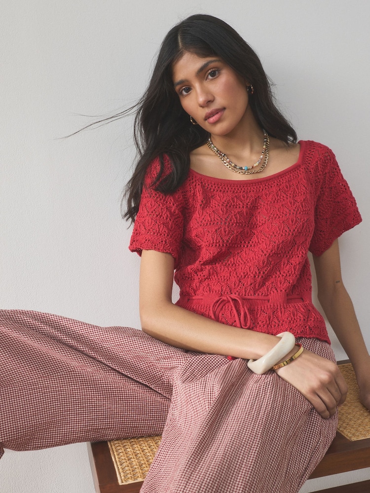 Red Pointelle Knit Tie Waist 100% Cotton Top - Image 1 of 5