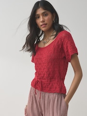 Red Pointelle Knit Tie Waist 100% Cotton Top - Image 2 of 5