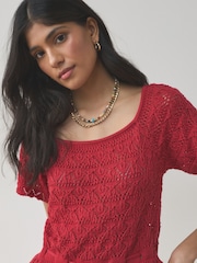 Red Pointelle Knit Tie Waist 100% Cotton Top - Image 4 of 5