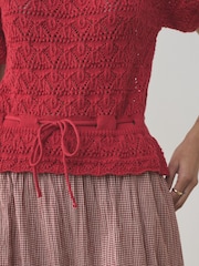 Red Pointelle Knit Tie Waist 100% Cotton Top - Image 5 of 5