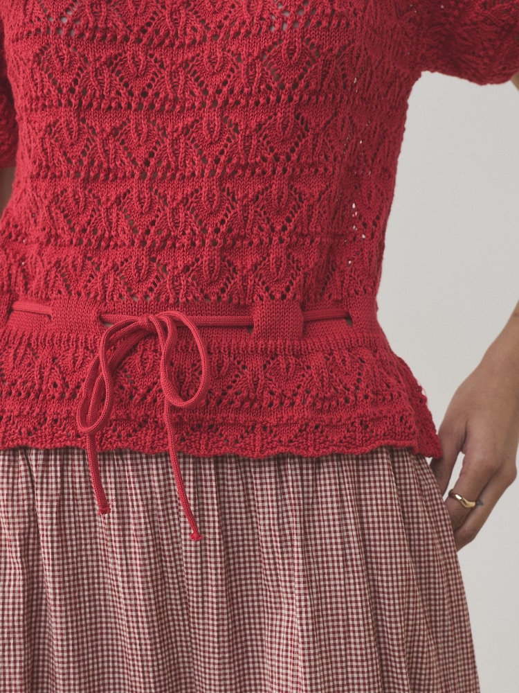 Red Pointelle Knit Tie Waist 100% Cotton Top - Image 5 of 5