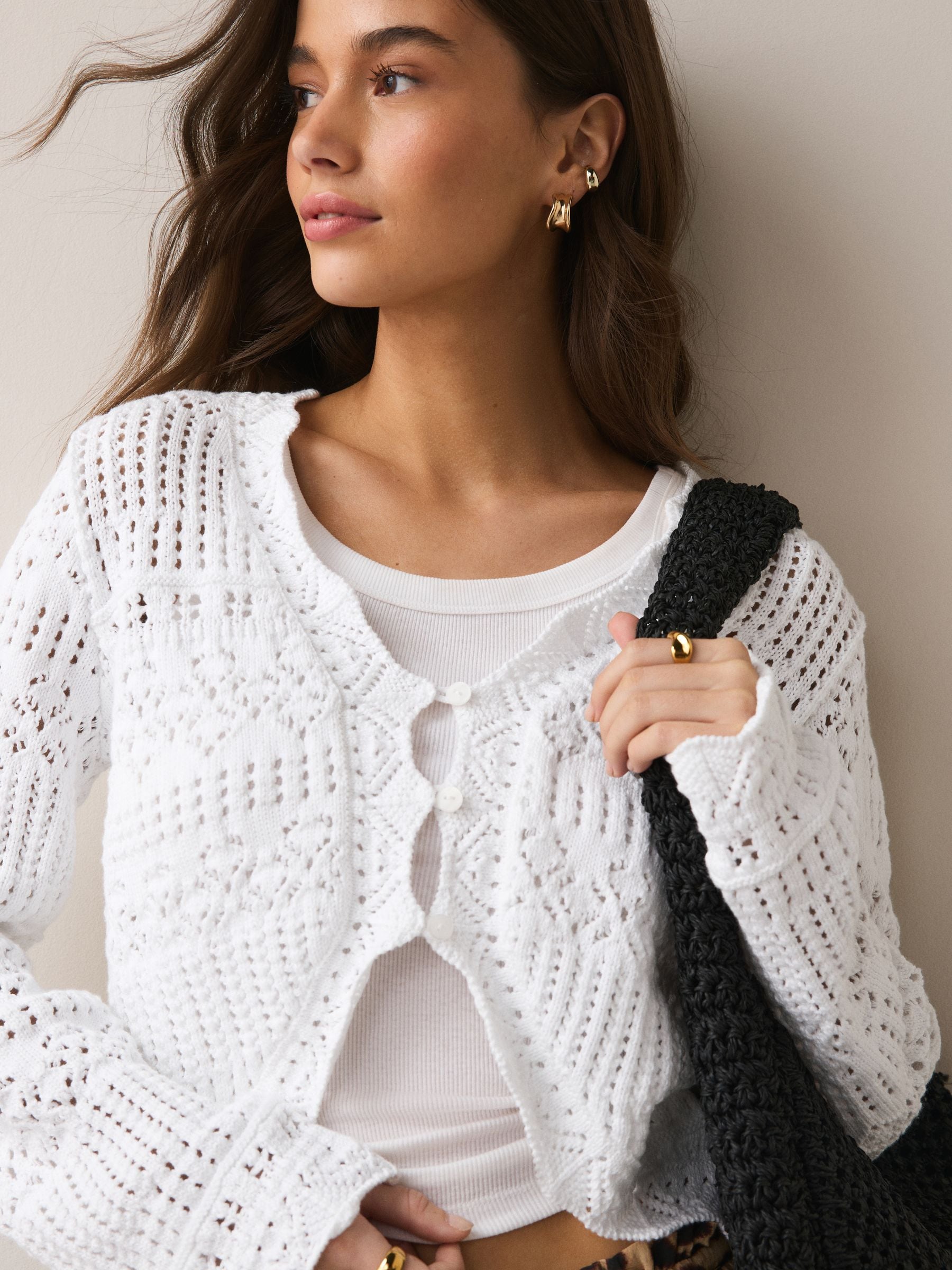 Buy White Cropped Wide Sleeve Pointelle 100% Cotton Cardigan from
