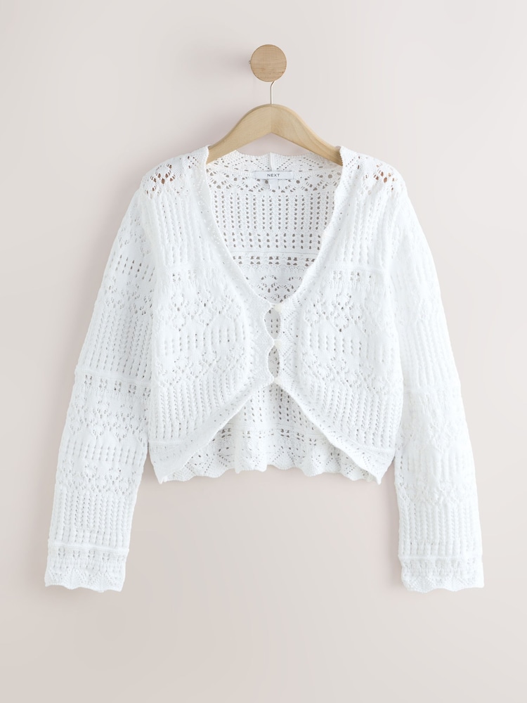 White Long Wide Sleeve Pointelle Button Through Cotton Cardigan - Image 1 of 3