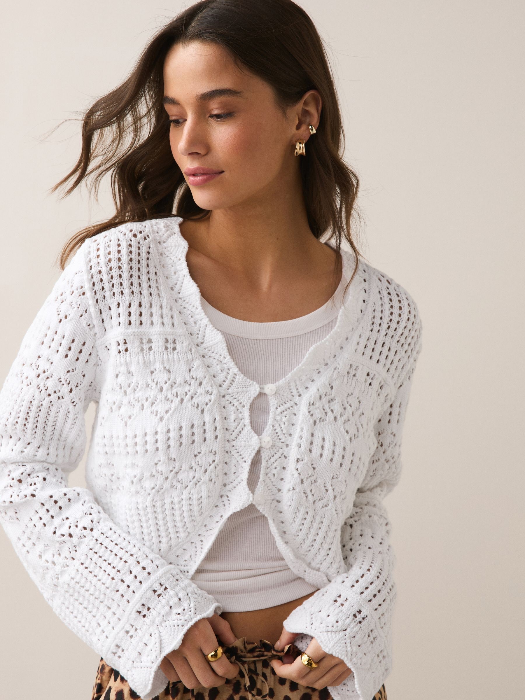 Buy White Cropped Wide Sleeve Pointelle 100% Cotton Cardigan from