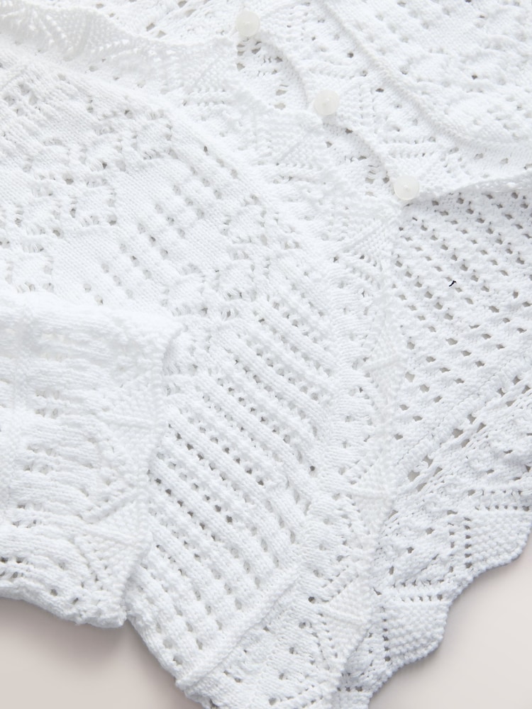 White Long Wide Sleeve Pointelle Button Through Cotton Cardigan - Image 3 of 3