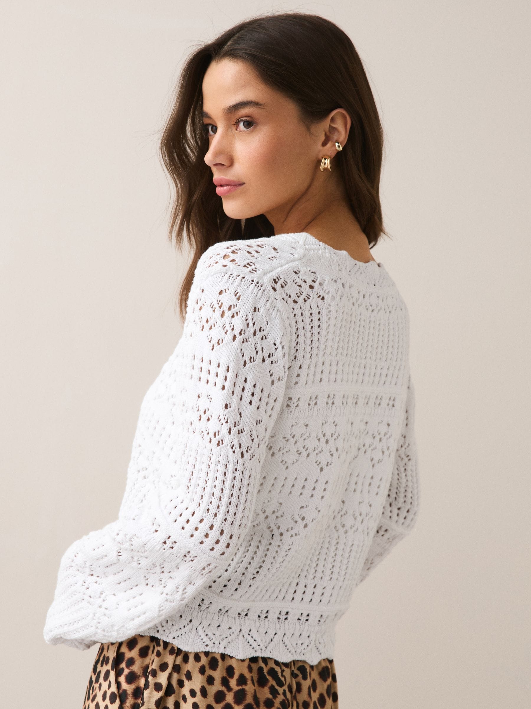 Buy White Cropped Wide Sleeve Pointelle 100% Cotton Cardigan from