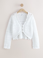 White Long Wide Sleeve Pointelle Button Through Cotton Cardigan - Image 5 of 7