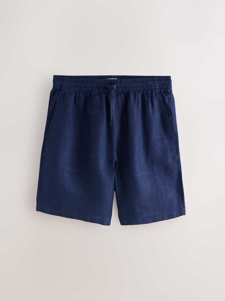 ネイビー - 100% Linen Drawstring Waist Shorts - 画像 1 / 3