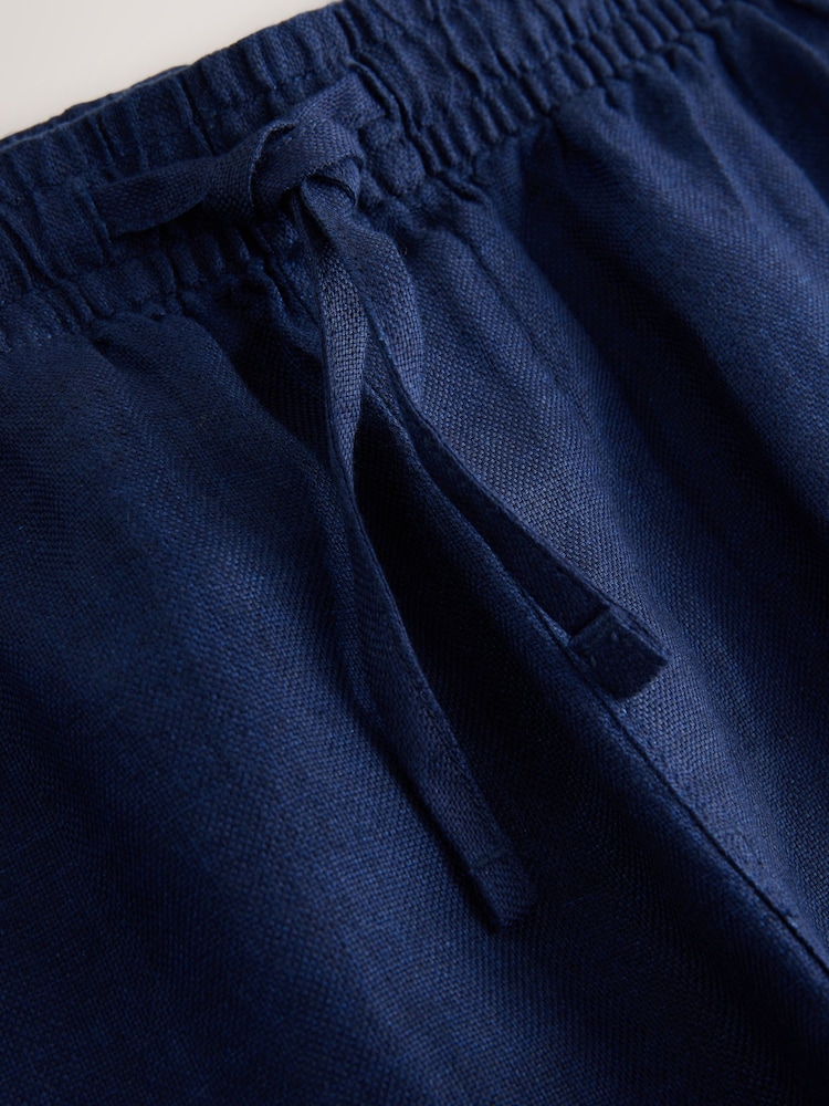 ネイビー - 100% Linen Drawstring Waist Shorts - 画像 3 / 3