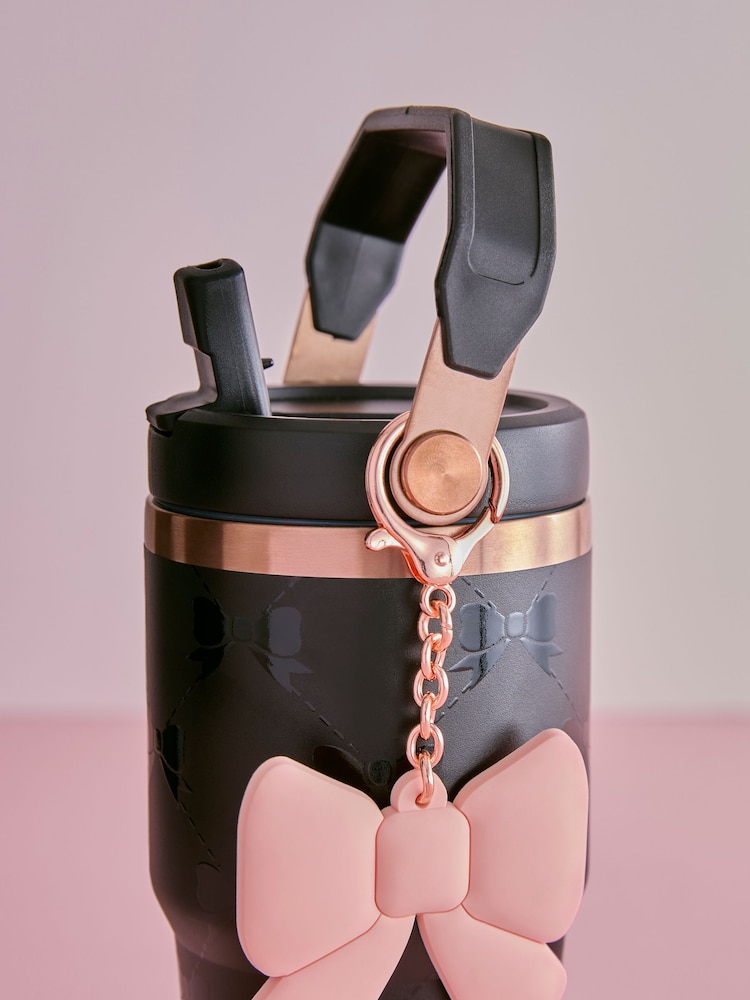 Black Bow Print 600ml Water Bottle with Bow Chain Accessory - Image 2 of 3