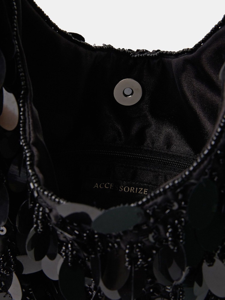 Accessorize Black Sequin Fringe Handbag - Image 2 of 2 Accessorize Black Sequin Fringe Handbag - Image 2 of 2