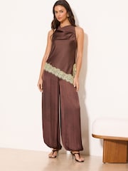 Lipsy Chocolate Brown Yellow Lace Asymmetric Halter Top - Image 1 of 5