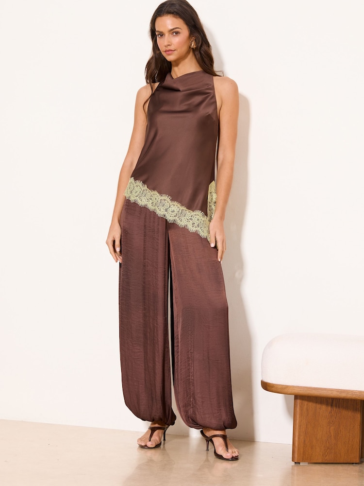 Lipsy Chocolate Brown Yellow Lace Asymmetric Halter Top - Image 1 of 5