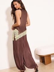 Lipsy Chocolate Brown Yellow Lace Asymmetric Halter Top - Image 5 of 5