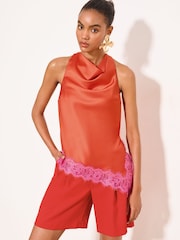 Lipsy Red Pink Lace Asymmetric Halter Top - Image 1 of 6