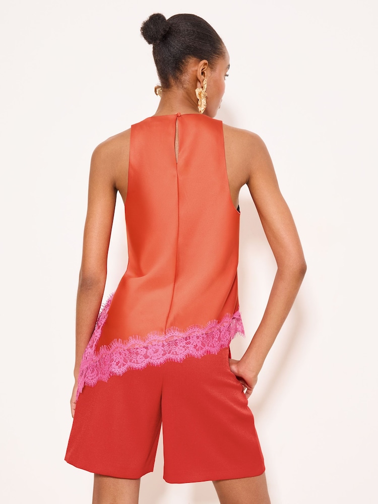 Lipsy Red Pink Lace Asymmetric Halter Top - Image 6 of 6