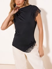 Lipsy Black Asymmetric Slinky Lace Top - Image 1 of 5
