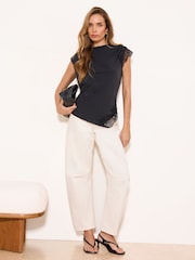 Lipsy Black Asymmetric Slinky Lace Top - Image 2 of 5