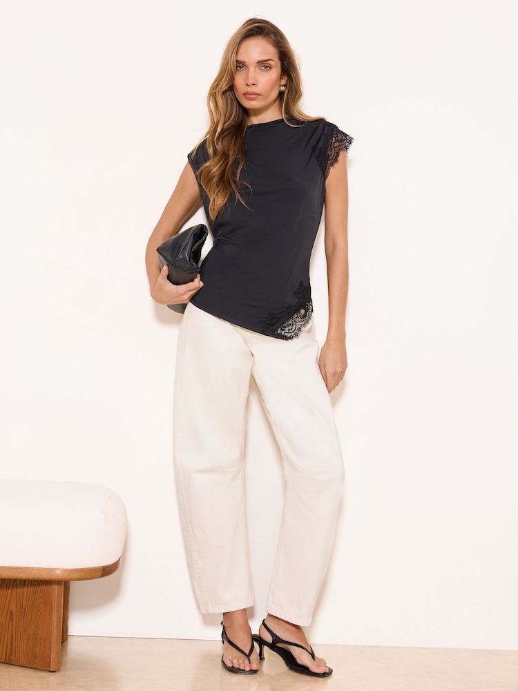 Lipsy Black Asymmetric Slinky Lace Top - Image 2 of 5